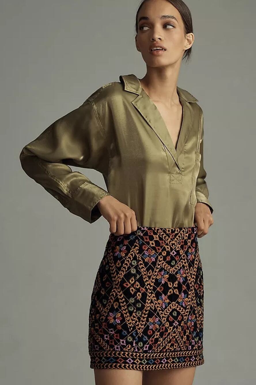 Pilcro Satin Blouse Olive Polyester Collared Pocket Shirt Lightweight Size XS
